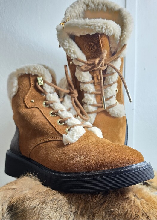 Michael Kors Shoes - Michael Kors Tan Suede Shearling Lace-Up Ankle Boots